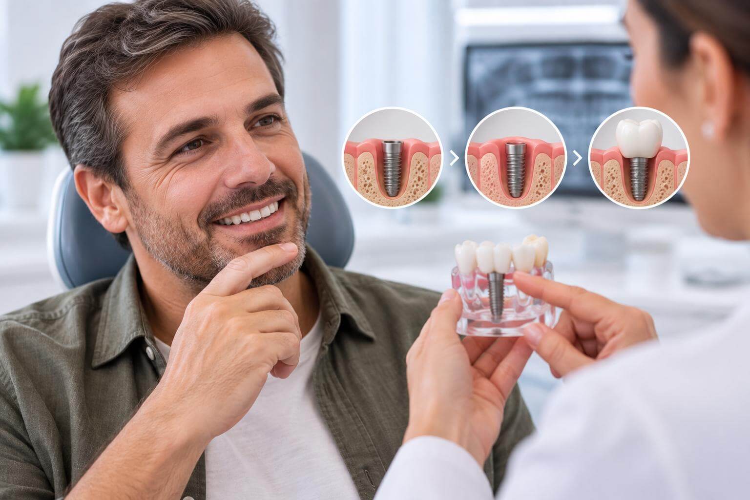 Homem sorri para dentista com modelo de dentes. A Ventura Odontologia traz tecnologia em implantes dentários em Arroio dos Ratos.